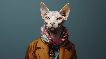 Craft a captivating image in photorealistic style presenting an anthropomorphic sphynx cat dressed in imaginative Schiaparelli garments and accessories The backdrop, a neutral hue to emphasize the sub