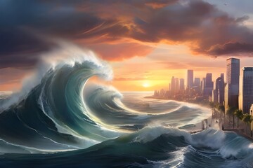 Gigantic wave curling over a coastal city at sunset, an apocalyptic vision of natural disasters...