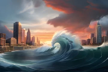 Zelfklevend Fotobehang Gigantic wave curling over a coastal city at sunset, an apocalyptic vision of natural disasters impacting urban environments Generative AI © Jaon