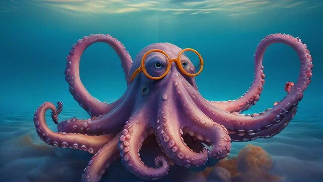 A octopus in the water moving around and wearing transparent glasses.