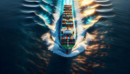 A massive cargo ship cutting through the deep azure waters of the ocean. - obrazy, fototapety, plakaty