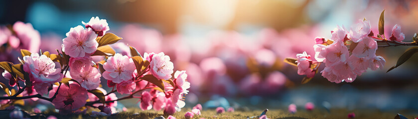 Pink petaled flowers branches with green leaves on nature background with blurred trees, bokeh lights and blue sky. Almond or cherry tree blooming on warm sunny spring day. Blossom months and season.