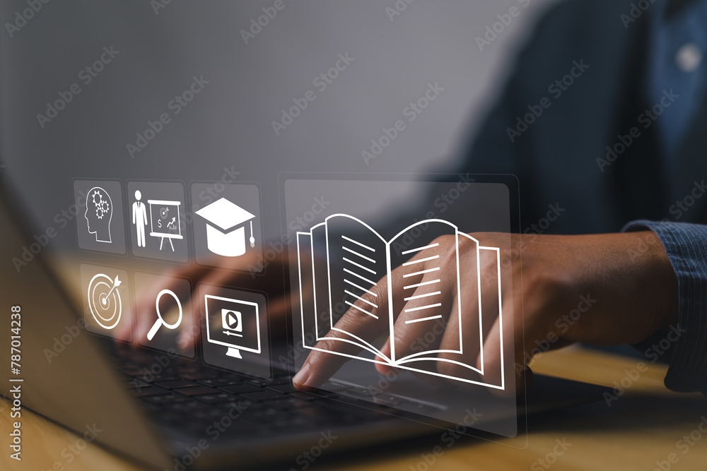 Poster e-learning education, internet lessons and online webinar. person who attends online lessons on a di