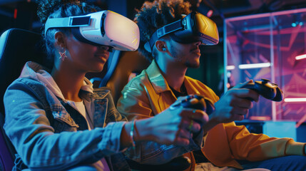 Obraz premium Young man and woman playing with virtual reality headsets in a neon-lit gaming room