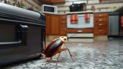 Cockroach moving out of the kitchen with a suitcase. - obrazy, fototapety, plakaty