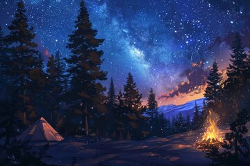 Starry night camping under a shimmering Milky Way with a cozy campfire - obrazy, fototapety, plakaty