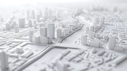 3d render of white map scene with city roads buildings top view isometric perspective