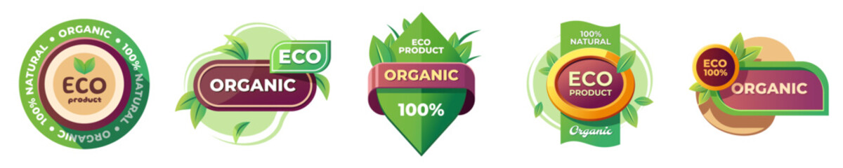 Eco label and bio sticker, natural, organic tag set icon