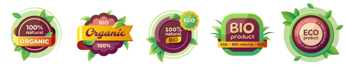 Eco label and bio sticker, natural, organic tag set icon