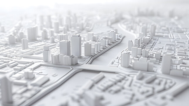 3d render of white map scene with city roads buildings top view isometric perspective