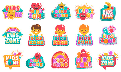 Kids zone emblem collection. Game room party labels, children education set