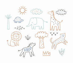 Naklejka premium Safari animals cute illustration in doodl style. Outline hand drawn print. African leopard, giraffe, elephant, lion, zebra and wild animals - character