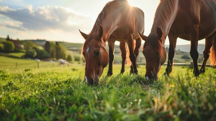 Horses eating grass in the rural landscape - obrazy, fototapety, plakaty