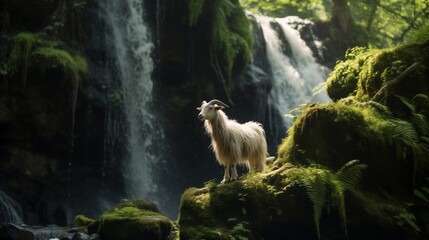 Amazing view of wild goat with long horns grazing on stony ground in mountainous near the waterfall.