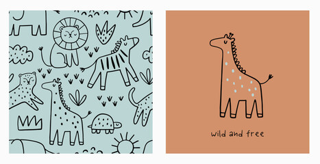 Safari animals cute illustration in doodl style. Outline hand drawn print. African leopard, giraffe, elephant, lion, zebra and wild animals - character. Seamless pattern © NadezdaBarkova