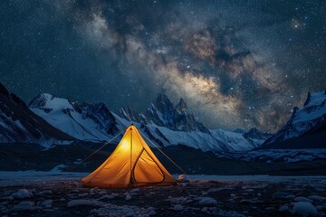 Isolated tent under a star-filled sky on snowy mountain plains at night