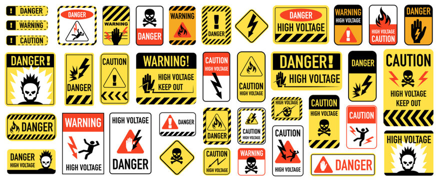 High voltage danger signs. Vector graphics set