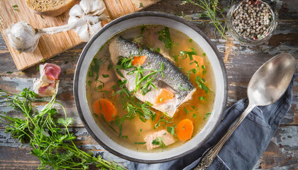  Fish soup in bowl top view - 787014640