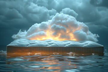 Surreal scene of a mattress floating on water with cloud and sunset reflection.