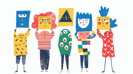Playful people holding geometric shapes with faces ins