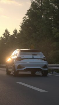 Aerial view of a generic self driving autonomous electric car driving along a countryside road in to the sunset. Electric mobility concept. High quality 3d animation rendering. Vertical Video