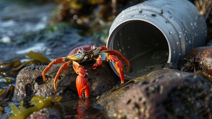 Sally Lightfoot Crab Perched on Littered Can, Highlighting Ocean Pollution and Ecosystem Risk