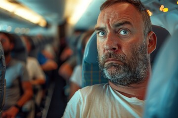 Obraz premium Man shows signs of anxiety and discomfort on an airplane