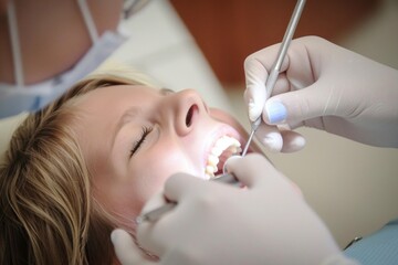 Close-up of a smiling female patient receiving a dental check-up with tools in use