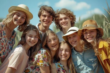 Joyful bunch of young friends with hats smiling in the sunshine, embodying summer fun