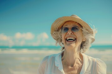 Elderly woman in sunglasses and straw hat smiling on a sunny beach