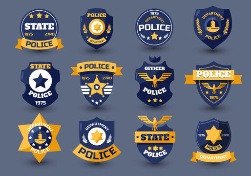 Police officer seal. Policeman badges and sheriff emblems with star and shield, law enforcement insignia flat style. Vector collection