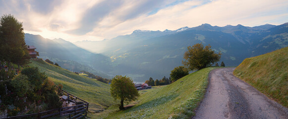 morning sun at Prattigau landscape, view from Pany to the valley, swiss alps - obrazy, fototapety, plakaty