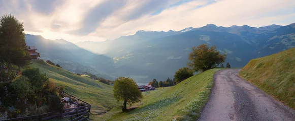 Tafelkleed morning sun at Prattigau landscape, view from Pany to the valley, swiss alps © SusaZoom