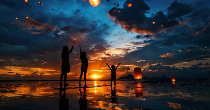 Silhouettes of family by ocean at dusk, releasing lanterns for World Oceans Day tribute, sunset reflection on water adds to the serene moment
