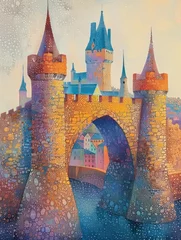 Fotobehang This vibrant artwork showcases a fairytale castle with a mosaic texture, boasting vivid colors and a magical ambience that sparks imagination © Matthew