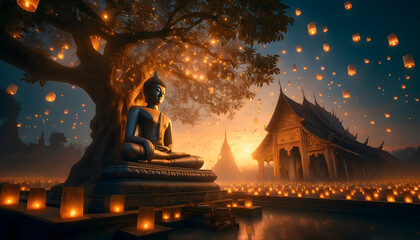 A Buddha statue seated under a Bodhi tree, enhanced by the warm glow of twilight. numerous floating lanterns drift gently into the sky, casting a magical glow and adding a sense of celebration and hop - obrazy, fototapety, plakaty