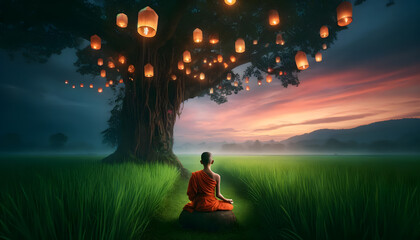 A young novice monk meditating under a Bodhi tree at dusk, located in the middle of a lush green meadow. sky lanterns float gently into the evening sky, casting a warm, ambient glow.