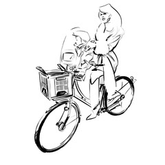 Pen sketch of a mother cycling with her infant kid in a safety seat behind the handlebars  of the bicycle. The woman is wearing a winter coat with fur collar and cuffs, the toddler wears a warm hat.  