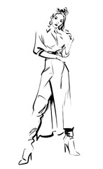 A woman is standing posing in classic contraposto dressed in a midi skirt with a slit going up her thigh, she is wearing a blouse and thigh high boots. Fashion sketch consisting of few lines. 