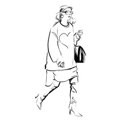 A woman is walking carrying a designer bag, dressed fashionably like a fashion industry professional, full body elegant silhouet lines fashion sketch. 