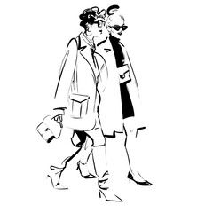 Two women are walking and talking, maybe gossip, dressed fashionably like fashion industry professionals, full body elegant minimalist line sketch. 