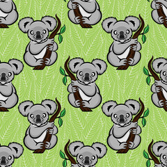 Seamless pattern with cute koala on a green background with leaves.