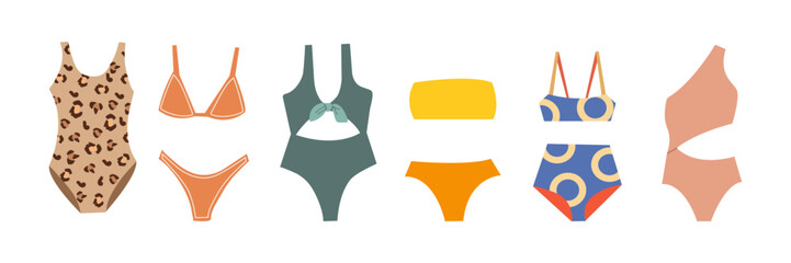 Colorful female beachwear, swimwear, lingerie assortment. One-piece, two-piece swimming suit, bathing costume fashion flat icons set. Maillot, bandeau, bikini. Vector swimsuit isolated on white.