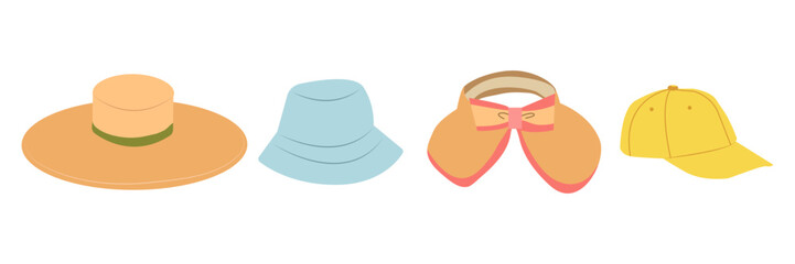 Set of women's fashionable hats of different colors and styles in retro style. Elegant broad-brimmed hat, panama, gaucho, fedora.