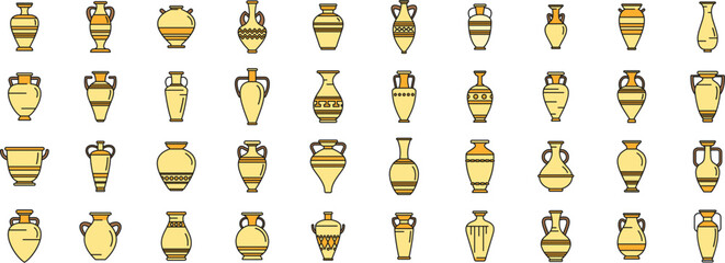 Amphora icons set outline vector. Vase pottery. Greek jar thin line color flat on white