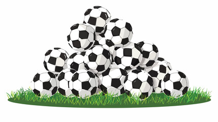 Pyramid pile of soccer footballs on green grass. Stack