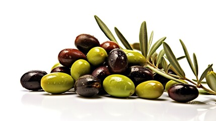 Green olives with leaves on a white background, close-up - obrazy, fototapety, plakaty