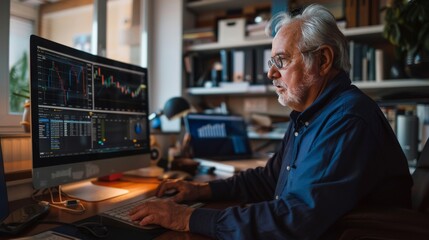 Senior man checking stock market updates on his computer in a home office