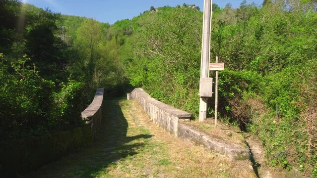 Antique stone bridge over a river in the forest