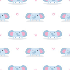 Seamless pattern with cute elephan and heart outline. Background with wild animals in a flat style. Illustration for kids